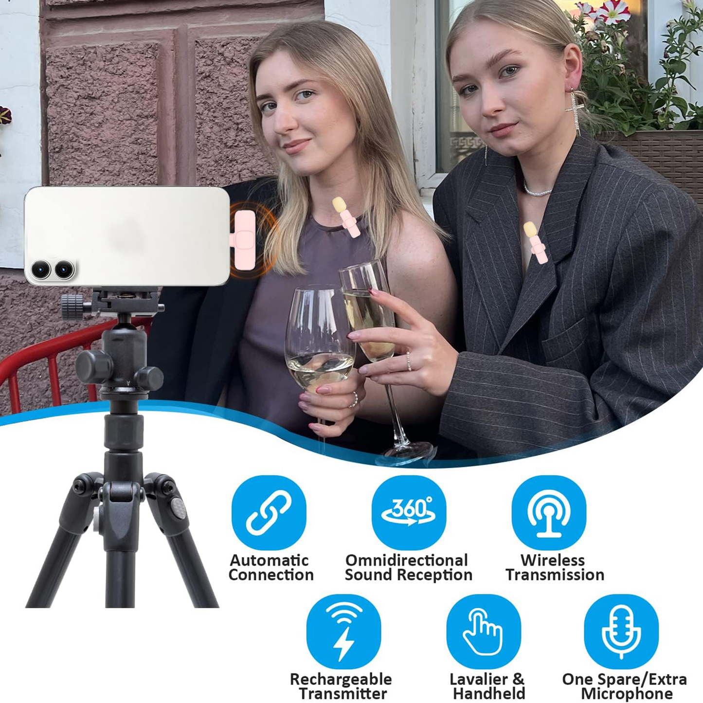 Lewinner Wireless Lavalier Microphones, Rechargeable USB-C Mic, 2Pcs