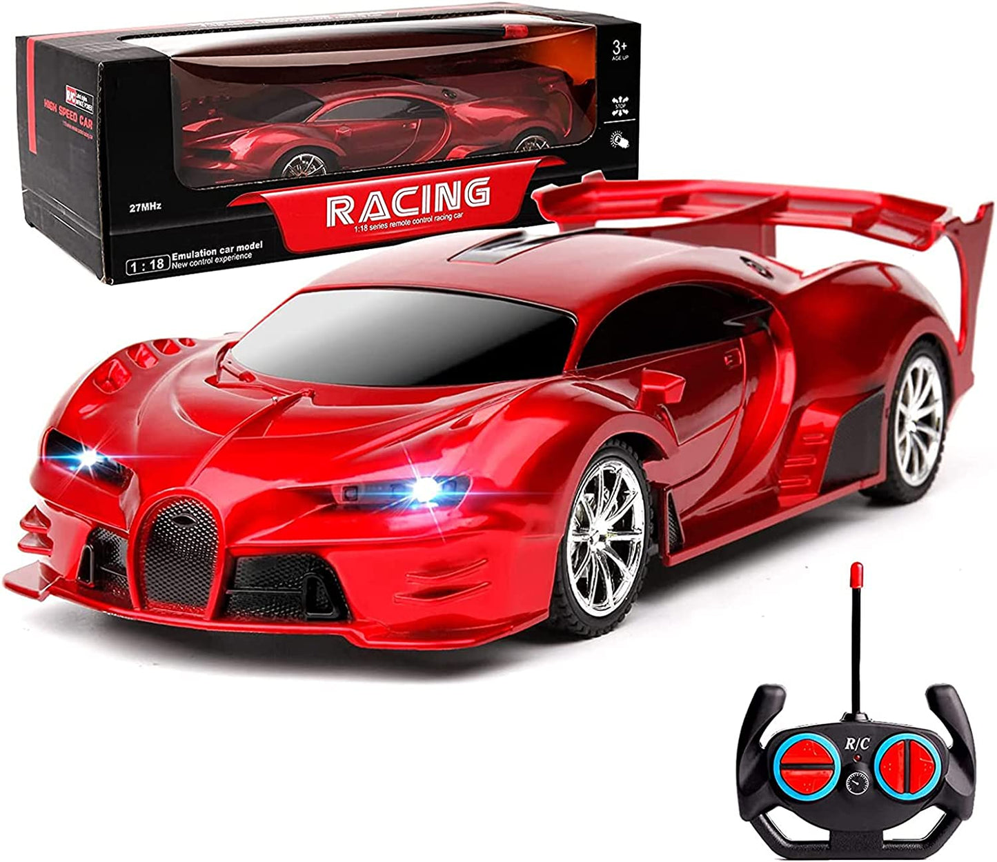Remote Control Car 1/18 Rechargeable High Speed RC Cars Toys for Boys Girls Vehicle Racing Hobby with Headlight Xmas Birthday Gifts for Kids (Red)