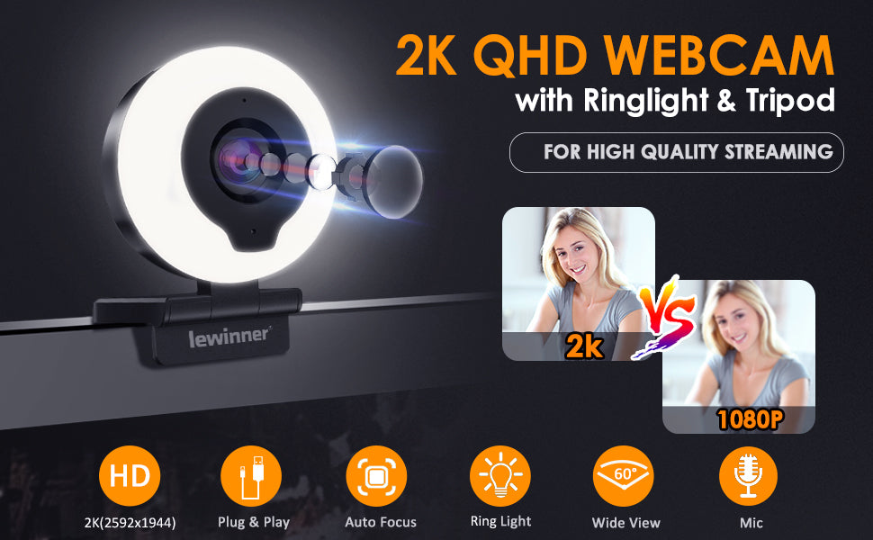 Lewinner 2K Webcam with Ring Light & Tripod & Microphone