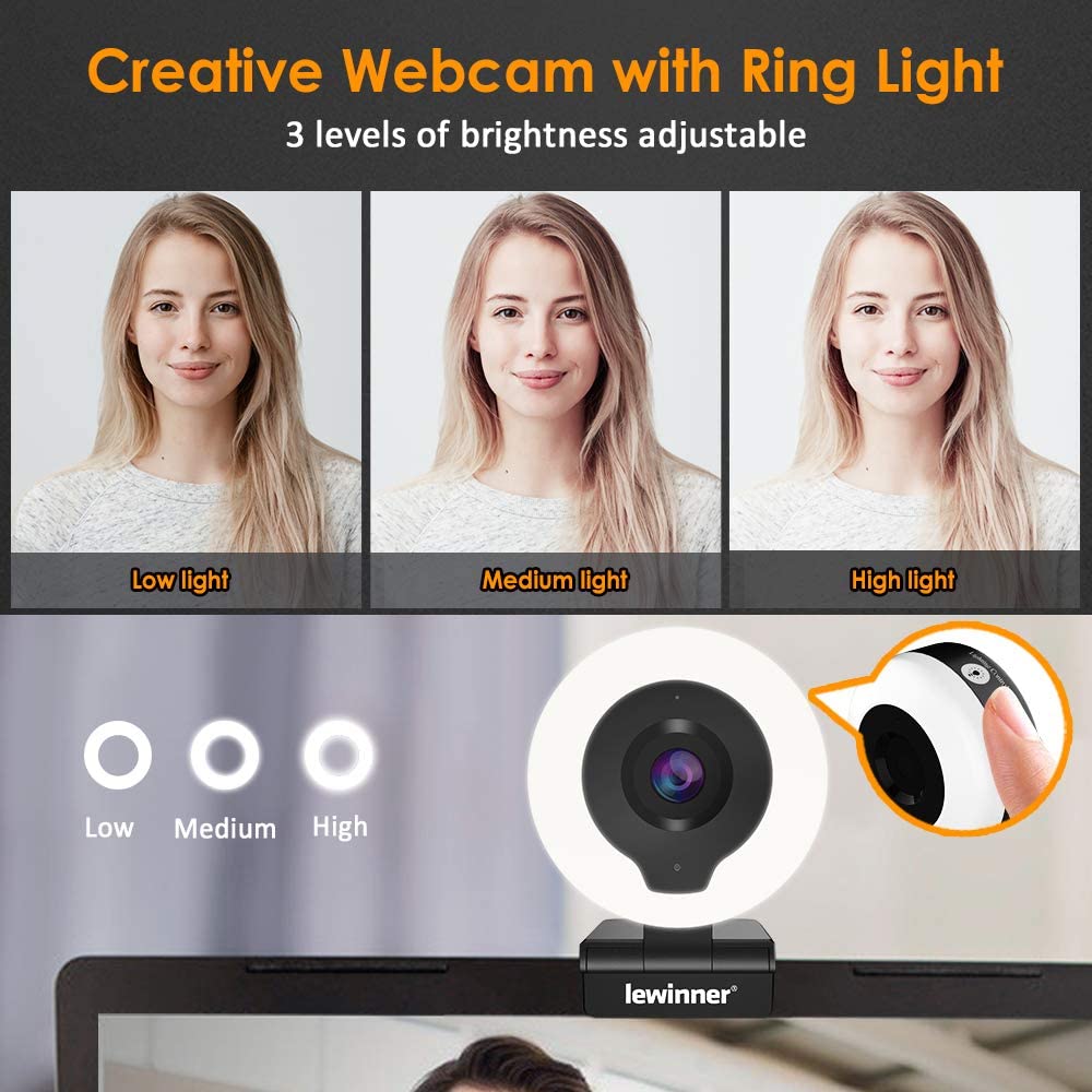 Lewinner 2K Webcam with Ring Light & Tripod & Microphone