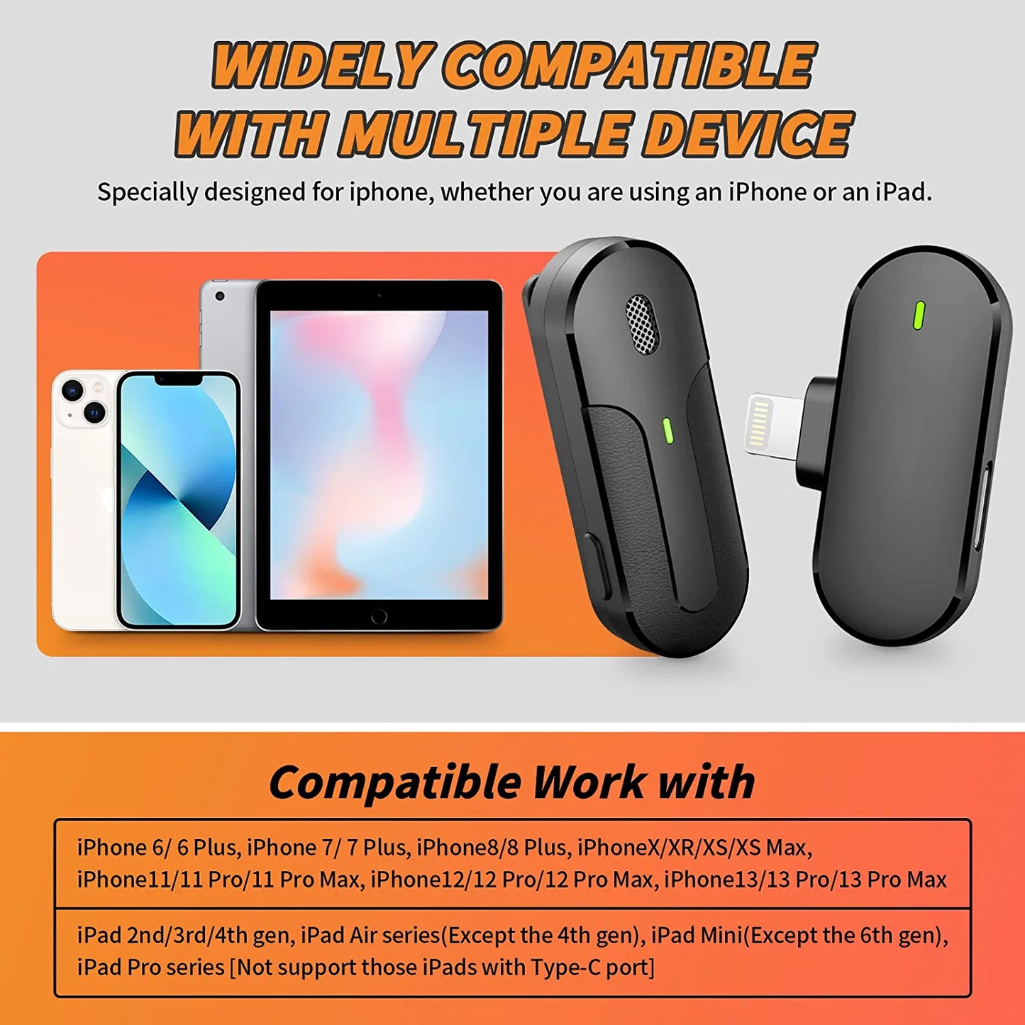 Wireless Lavalier Microphone for iPhone iPad, Plug-Play - Noise Reduction, Auto Sync