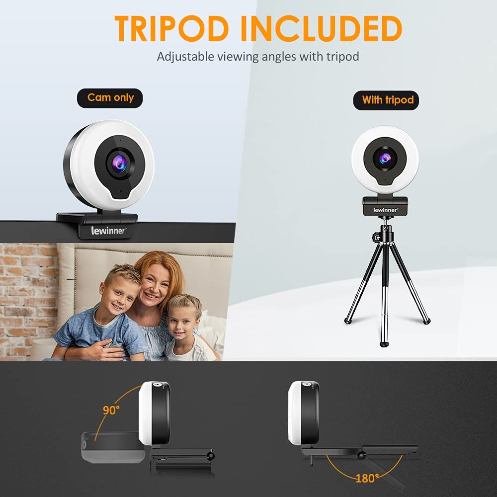 Lewinner 2K Webcam with Ring Light & Tripod & Microphone