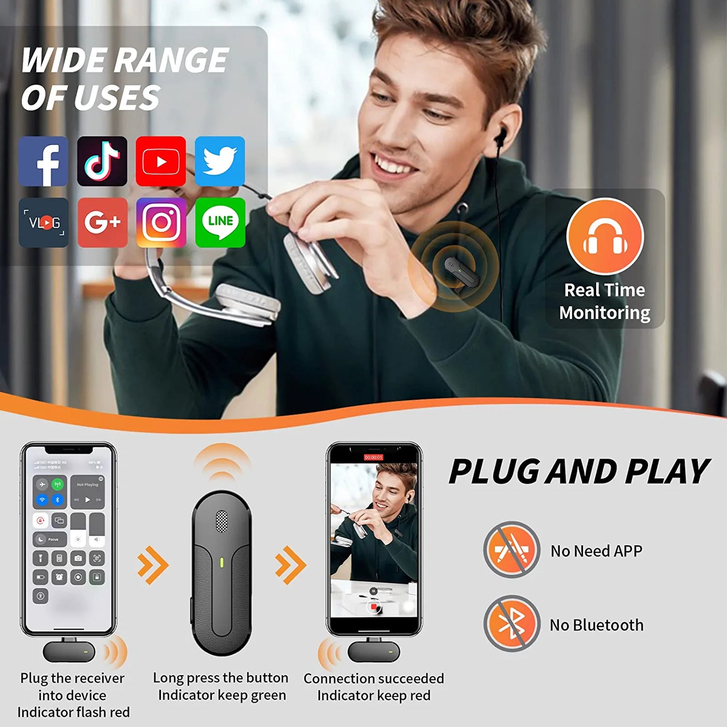 Wireless Lavalier Microphone for iPhone iPad, Plug-Play - Noise Reduction, Auto Sync