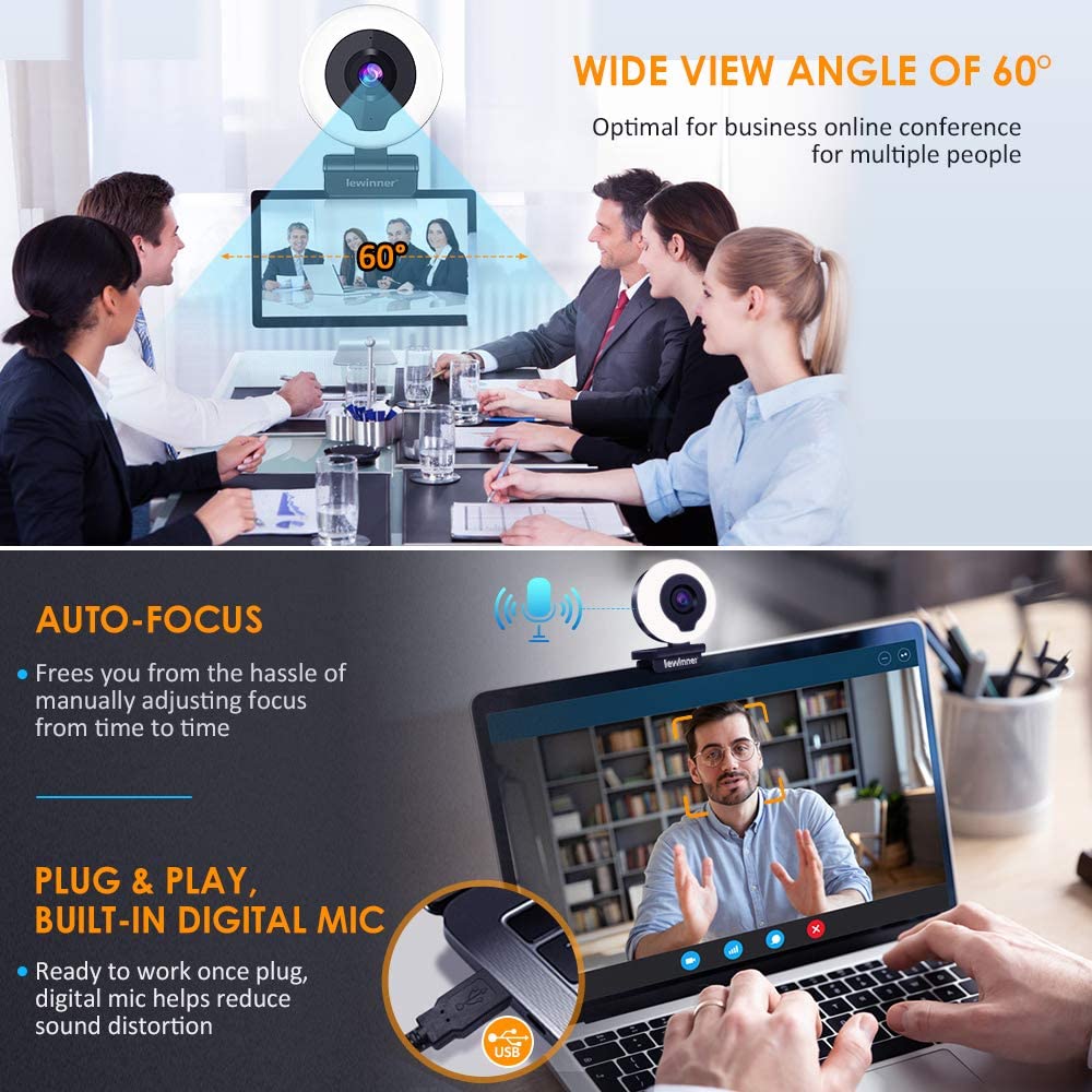 Lewinner 2K Webcam with Ring Light & Tripod & Microphone