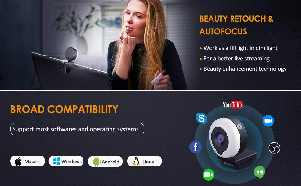 Lewinner 2K Webcam with Ring Light & Tripod & Microphone
