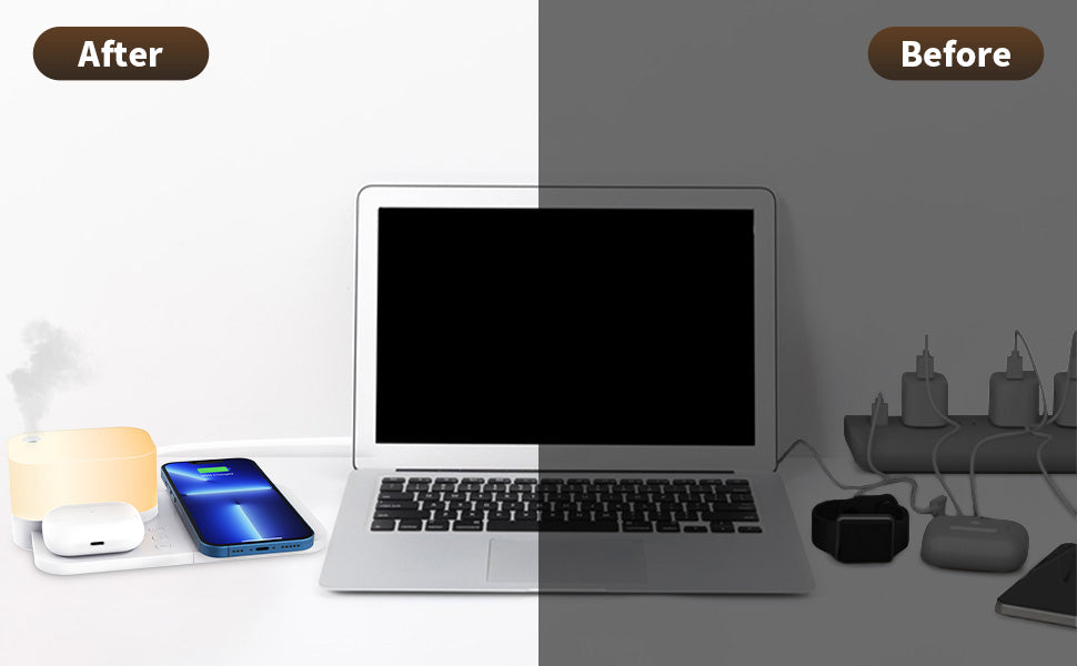 Wireless Charging Station, 4 in 1 Charger Stand for Apple Products with Adjustable LED Night Light & Humidifier