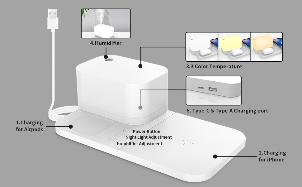 Wireless Charging Station, 4 in 1 Charger Stand for Apple Products with Adjustable LED Night Light & Humidifier