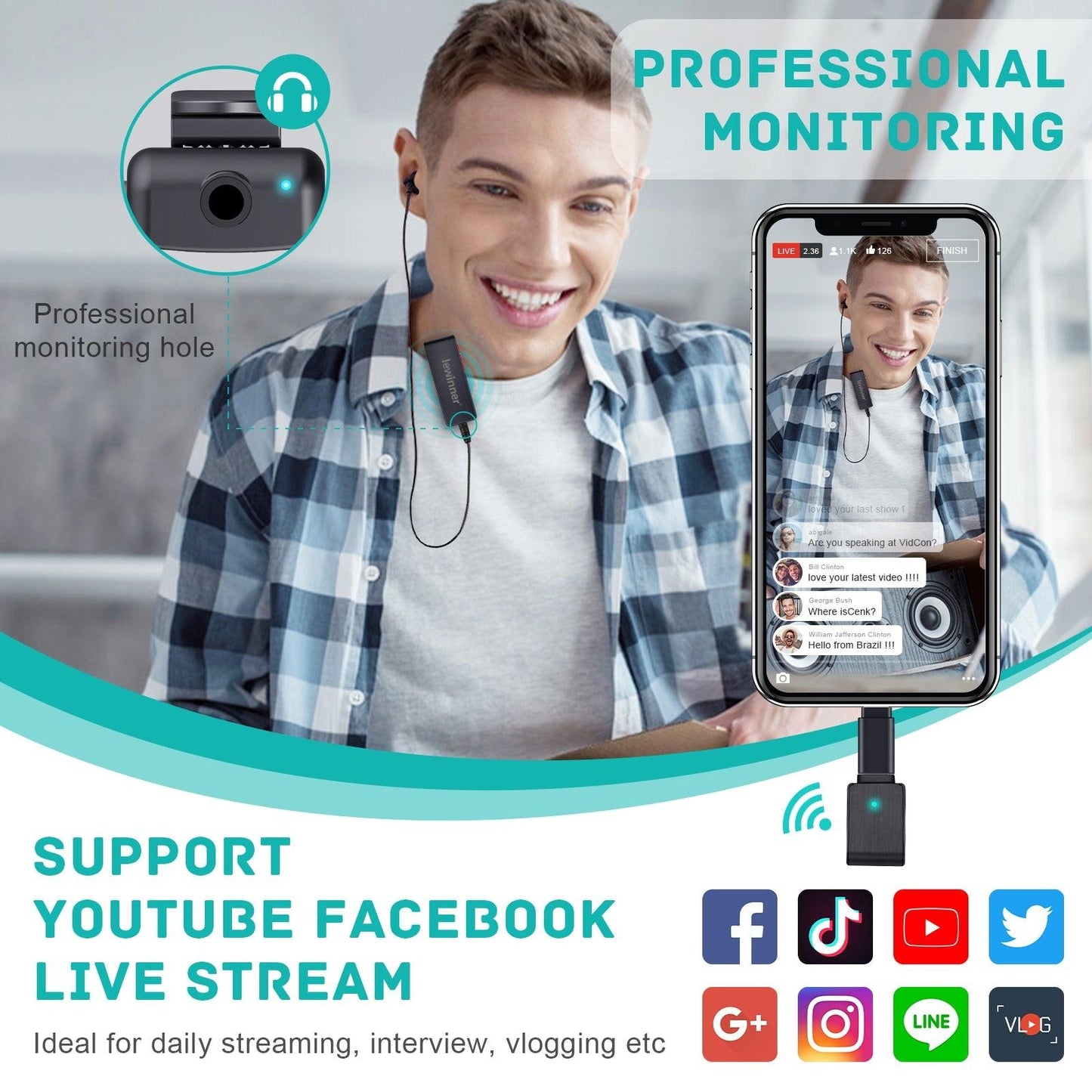 Lewinner Wireless Lavalier Microphone for iOS and Android (WM-2)