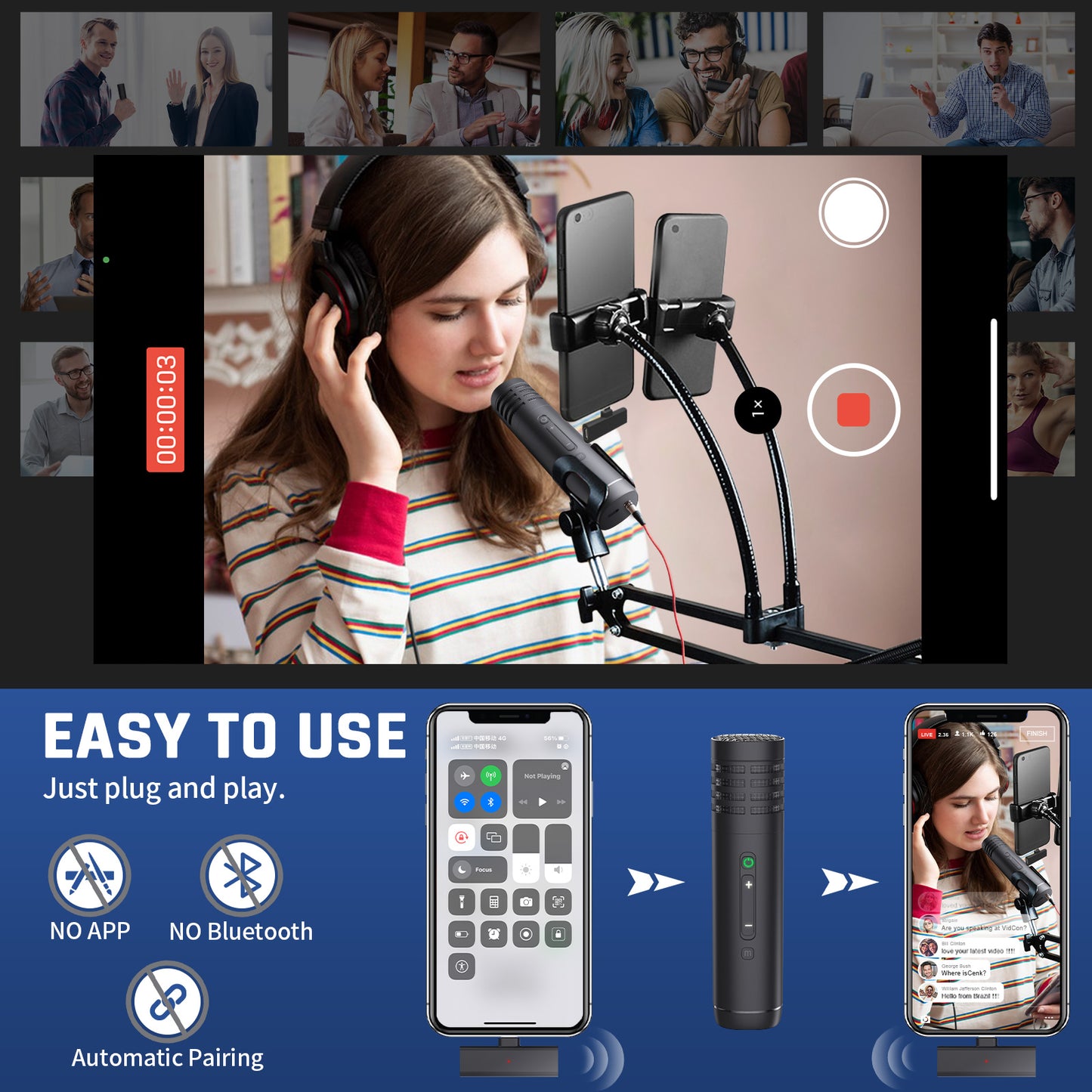 Wireless Handheld Microphone for iPhone iPad, Interview Wireless Recording Mic for Video Vlog TikTok