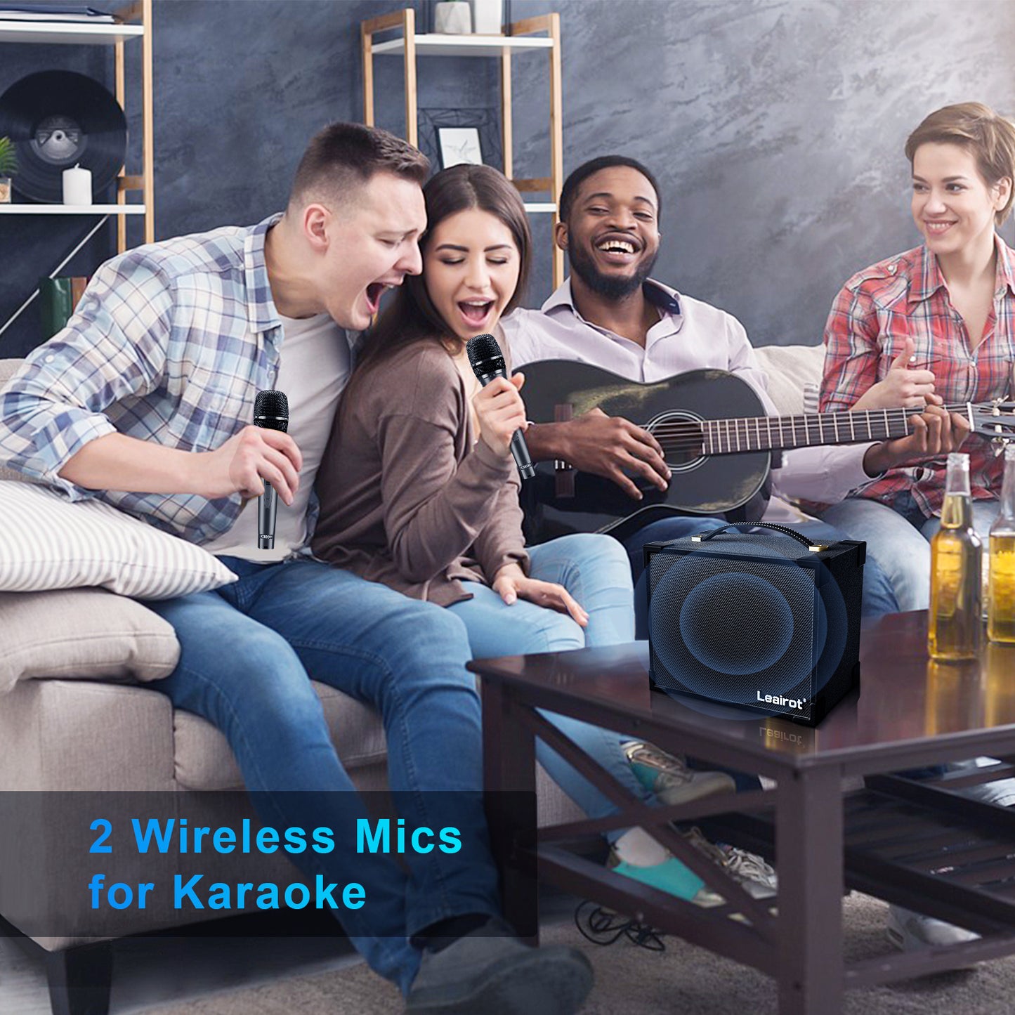 Wooden Karaoke Machine for Adults & Kids with 2 Wireless Microphones, 60W Protable Bluetooth PA Speaker System, Leairot 4000mAh Karaoke Speaker with TWS for Home Party, Indoor Outdoor Singing Machine