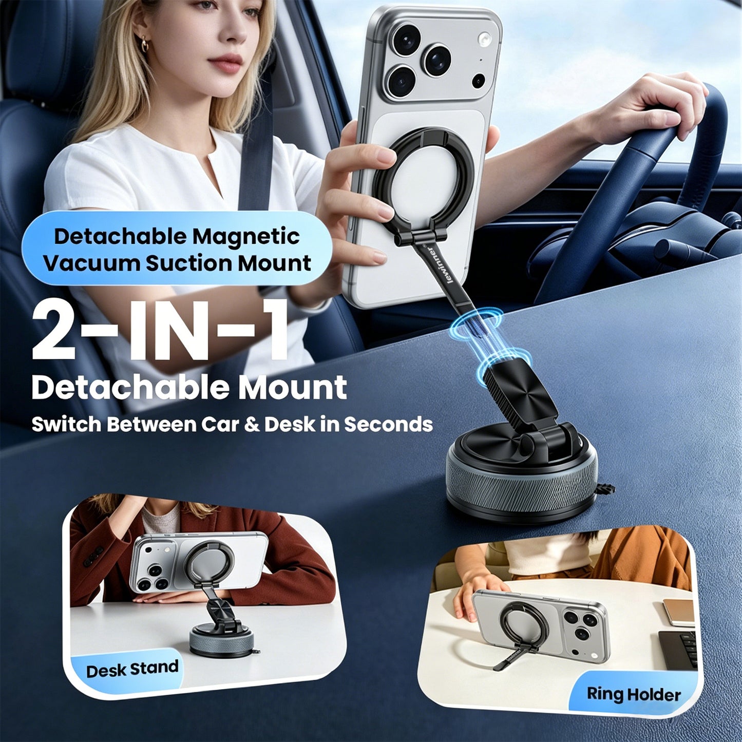 360 Rotation Lewinner Detachable Adjustable Vacuum Magnetic Phone Holder, Car mount / Detachable for everyday / Binge-watching / Makeup & routines “For iPhone & Android” Smartphone Grip