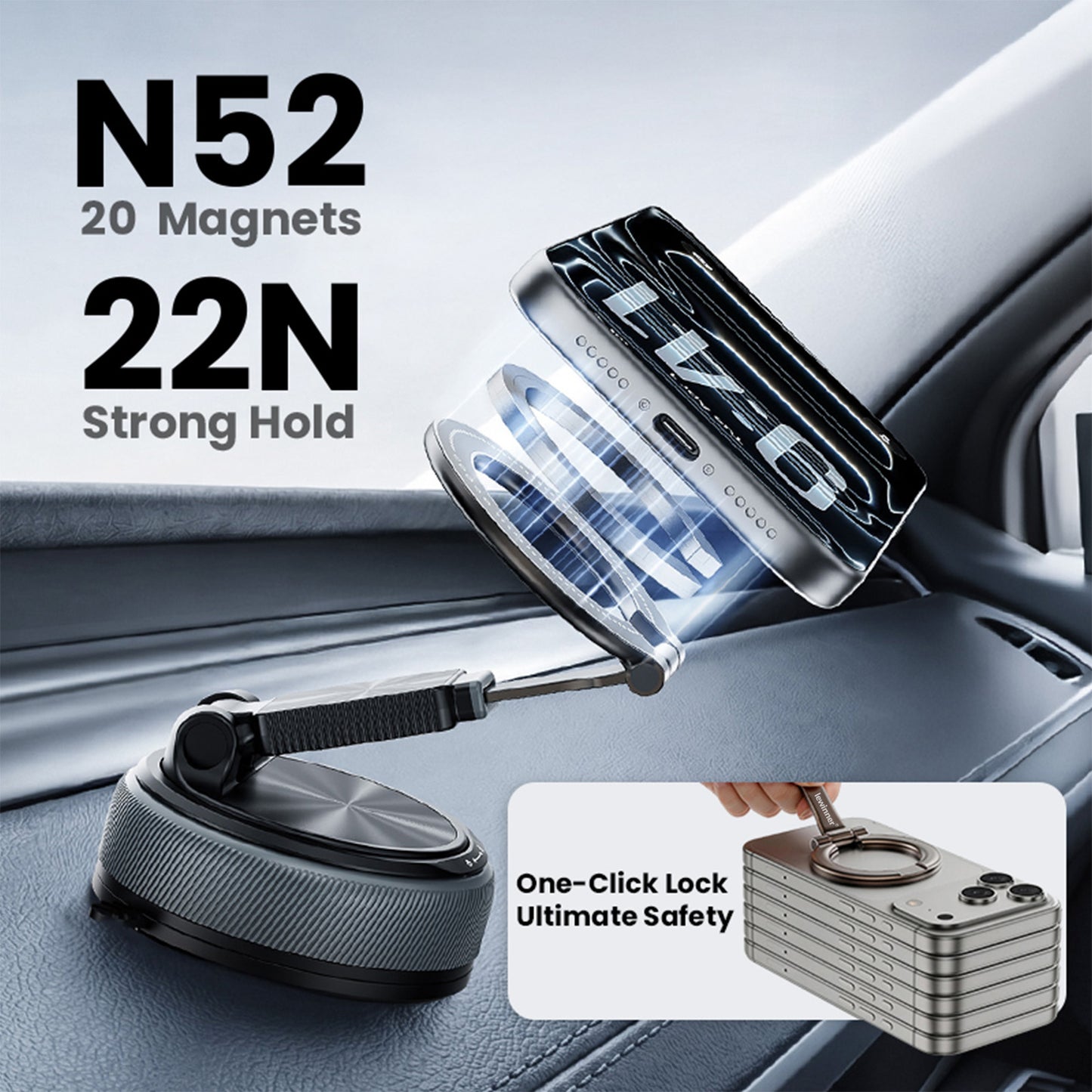 360 Rotation Lewinner Detachable Adjustable Vacuum Magnetic Phone Holder, Car mount / Detachable for everyday / Binge-watching / Makeup & routines “For iPhone & Android” Smartphone Grip