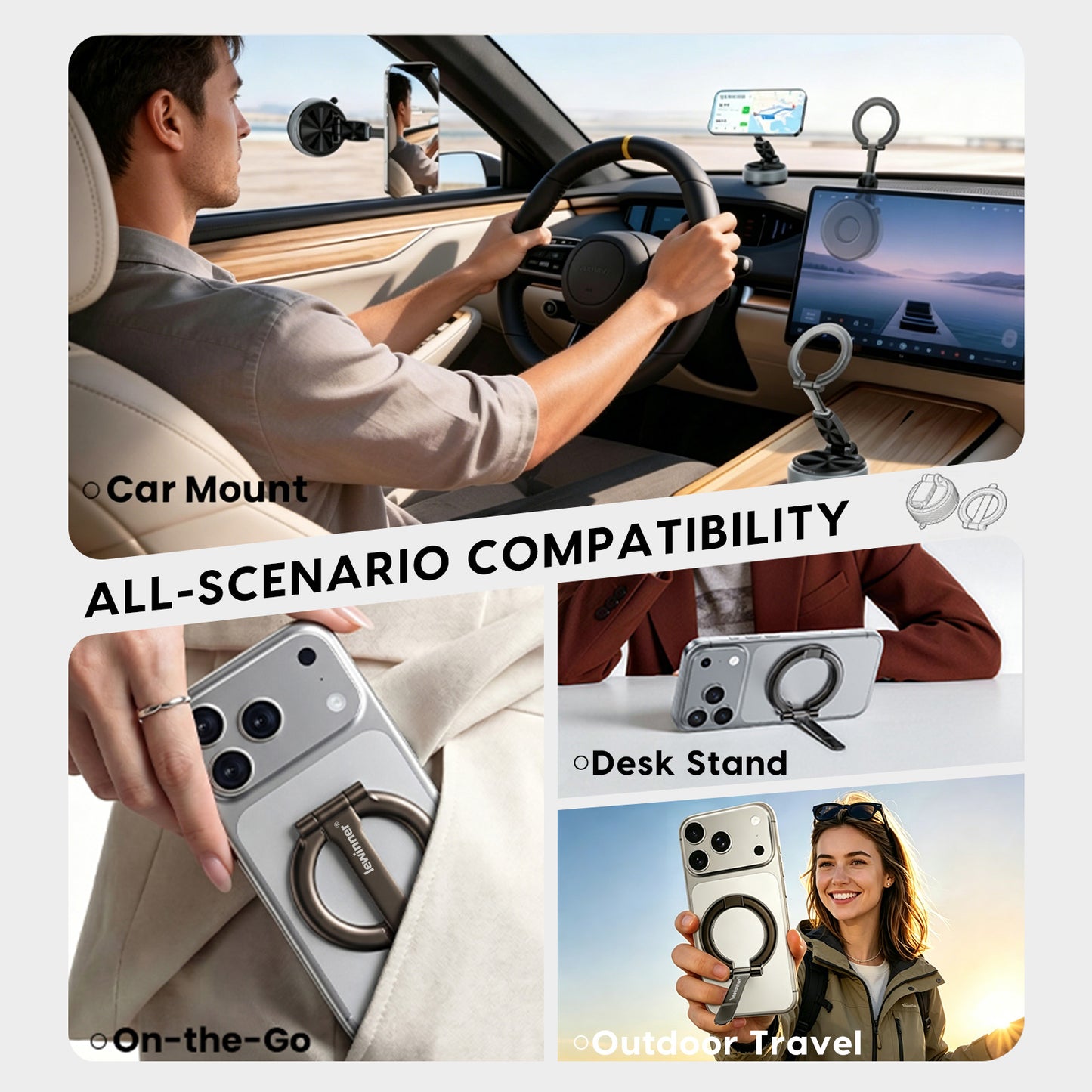 360 Rotation Lewinner Detachable Adjustable Vacuum Magnetic Phone Holder, Car mount / Detachable for everyday / Binge-watching / Makeup & routines “For iPhone & Android” Smartphone Grip