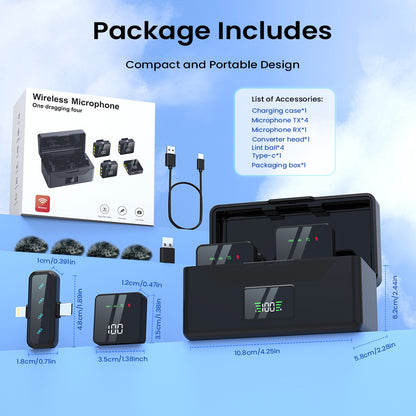 4 Black microphone for Type-c and Lightning,Mini Lavalier Wireless Microphone  with Charging Box,Tiny Lavalier Microphone Mini Mic for TikTok, Podcast,YouTube, Live Streaming
