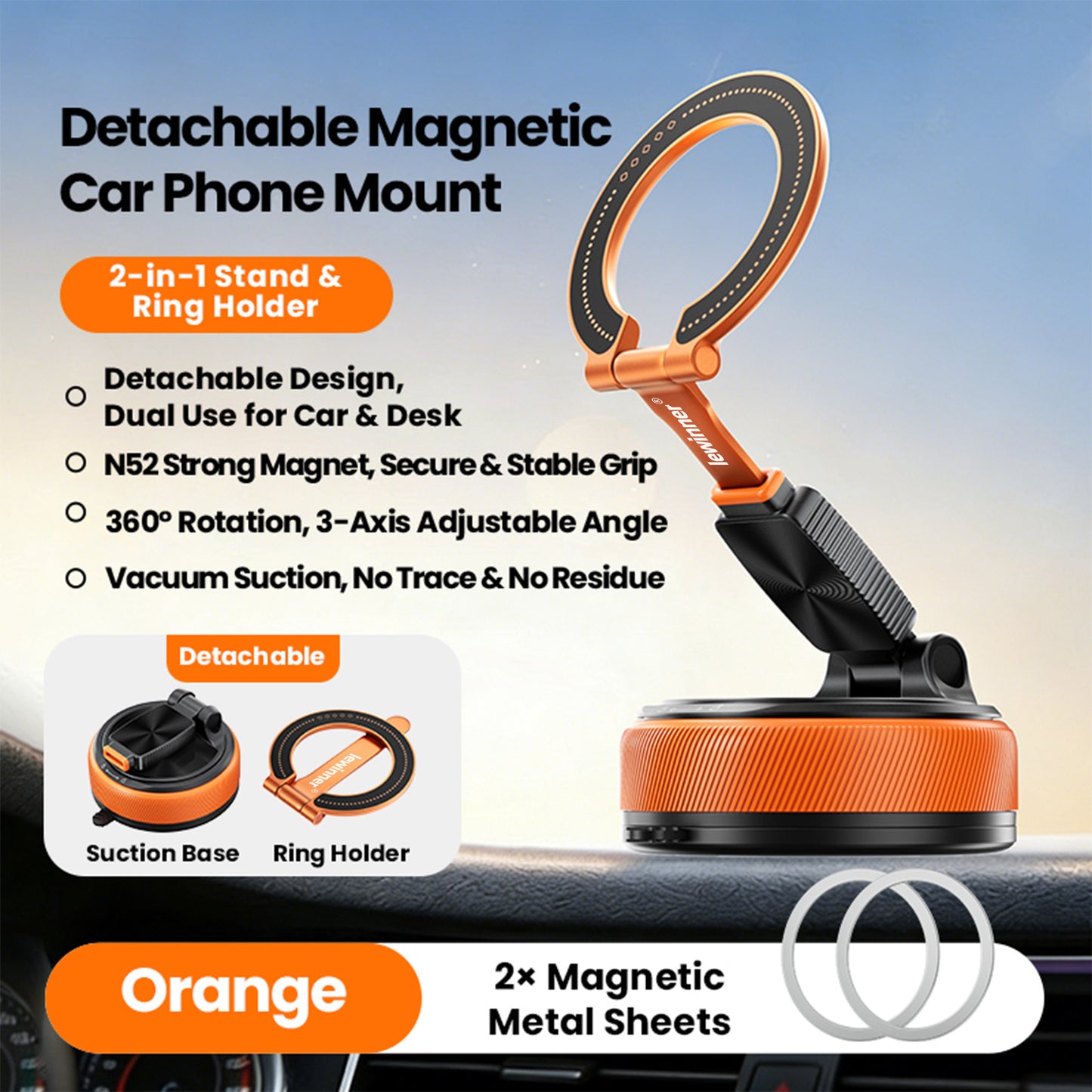 360 Rotation Lewinner Detachable Adjustable Vacuum Magnetic Phone Holder, Car mount / Detachable for everyday / Binge-watching / Makeup & routines “For iPhone & Android” Smartphone Grip