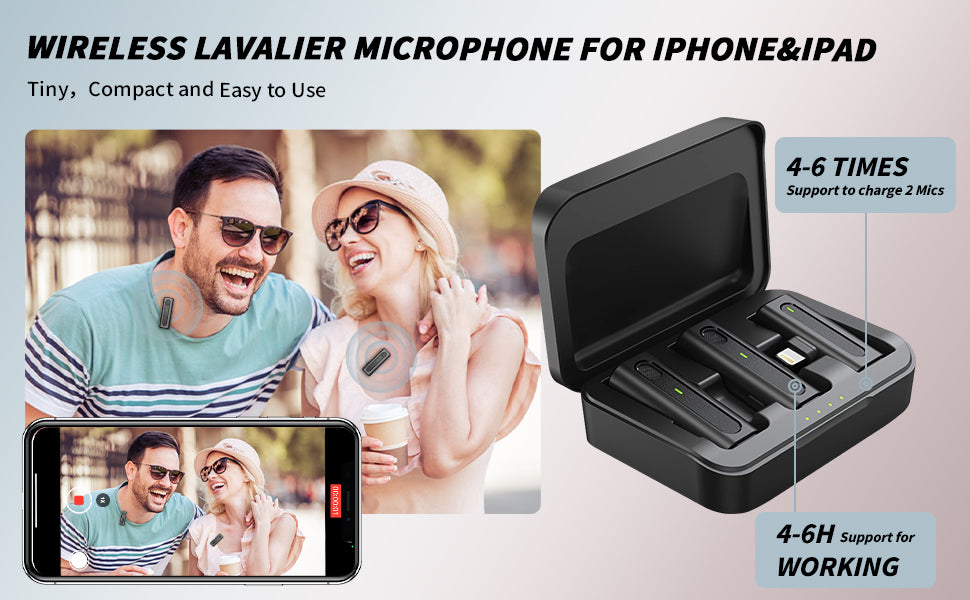 Leereel 2 Pack Wireless Lavalier Microphones with Charging Case for iPhone iPad