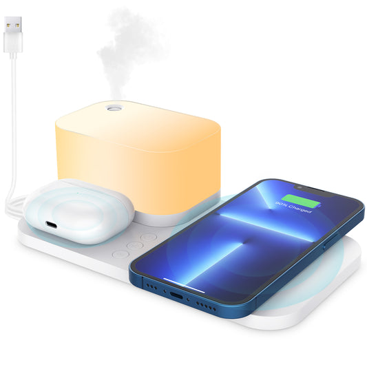 Wireless Charging Station, 4 in 1 Charger Stand for Apple Products with Adjustable LED Night Light & Humidifier
