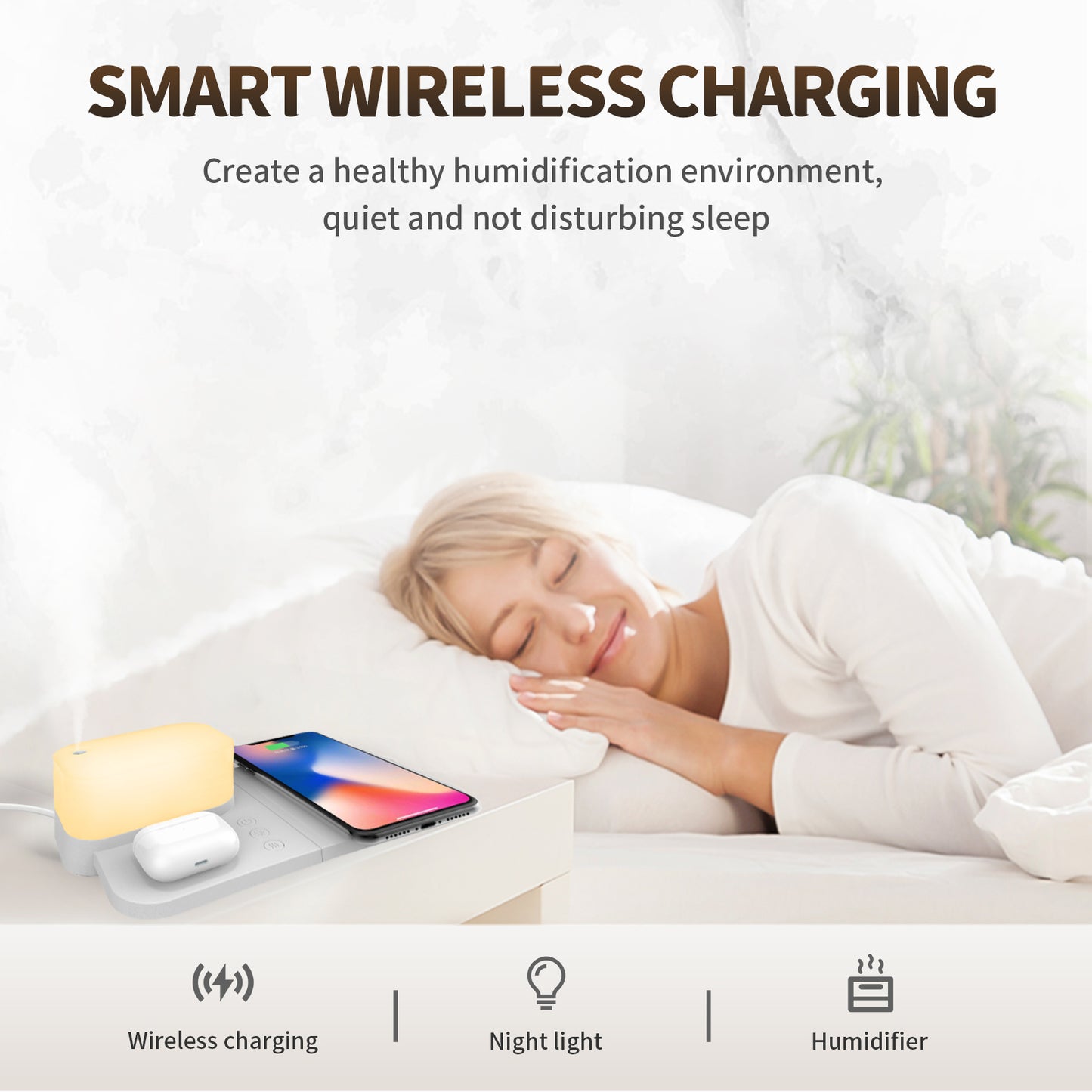 Wireless Charging Station, 4 in 1 Charger Stand for Apple Products with Adjustable LED Night Light & Humidifier