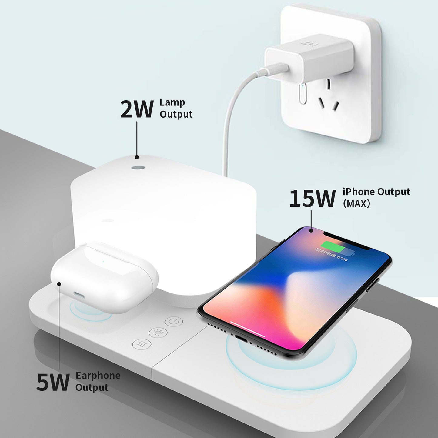 Wireless Charging Station, 4 in 1 Charger Stand for Apple Products with Adjustable LED Night Light & Humidifier